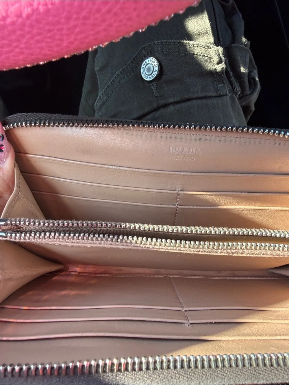 Prada Brown Leather Studded Zip Around Wallet with Silver Hardware
